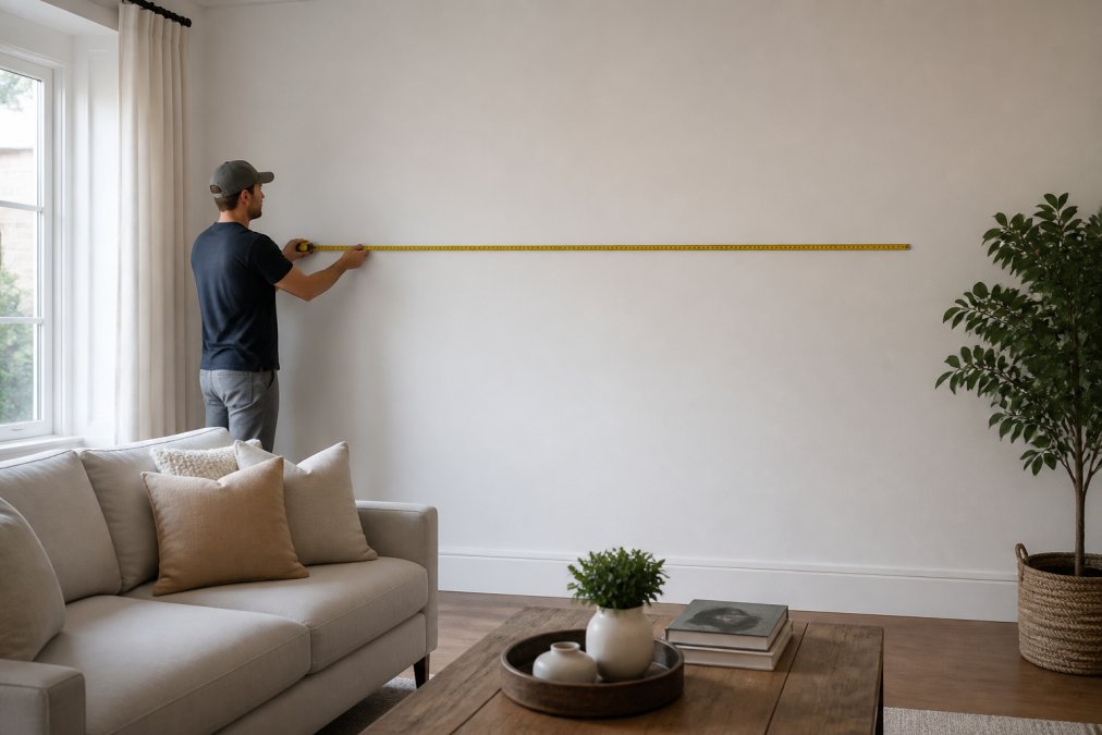 Diagram showing how to measure a living room wall for large wall art placement