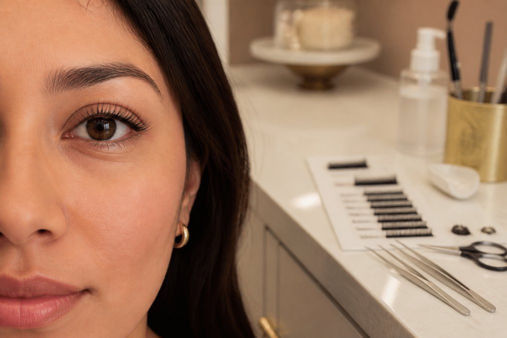 Almond-shaped eye with natural lashes perfect for a customized lash extension style in a clean studio setting.
