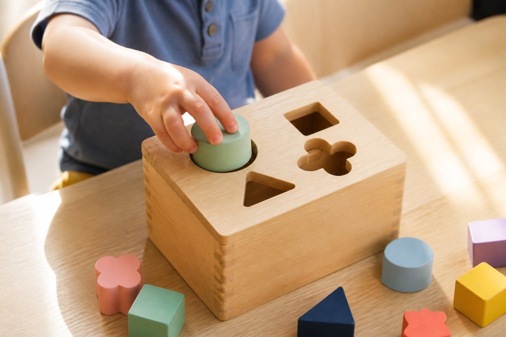 Close-up of a toddler's hands placing a rounded wooden shape into a shape sorter on a light timber play surface, with warm natural light streaming across the scene