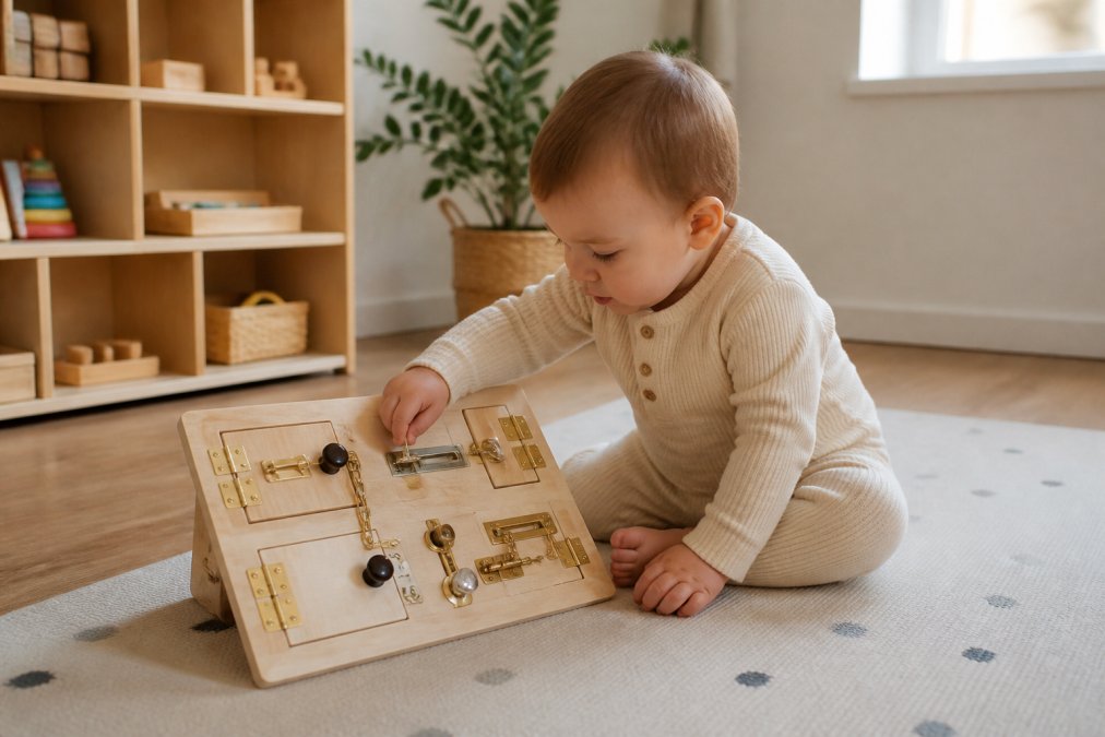 A toddler sitting on a soft play mat independently exploring a wooden busy board with latches and small knobs, soft natural light filling a tidy minimalist nursery with low open shelves