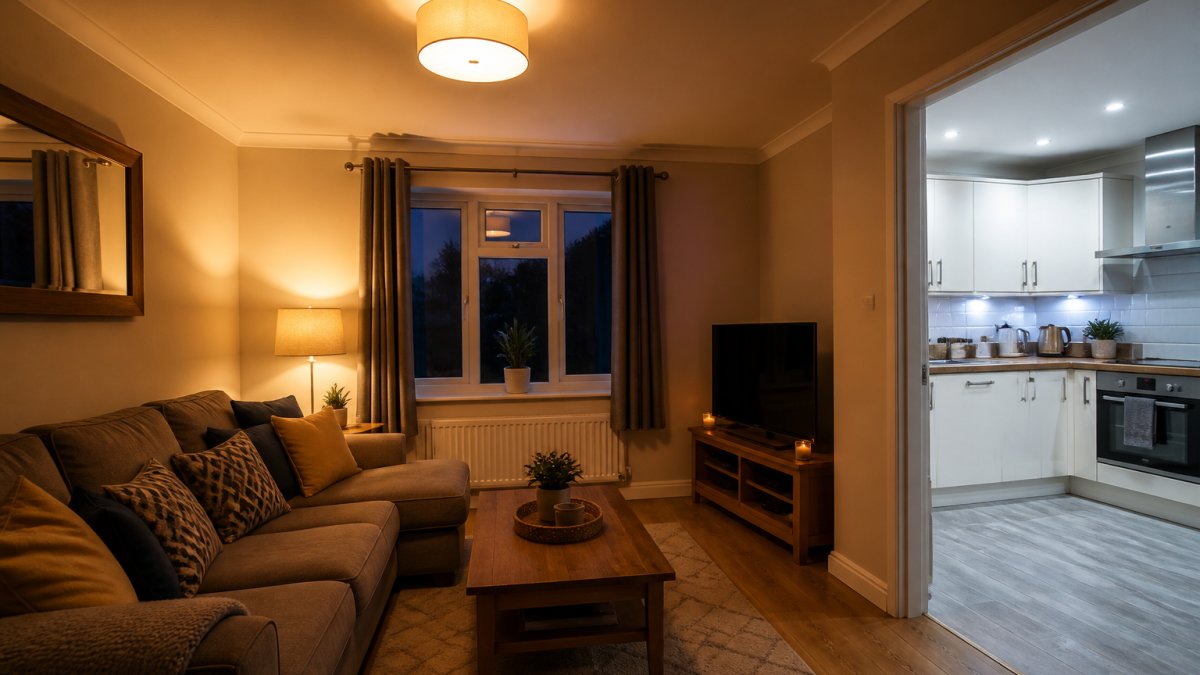A warm white LED ceiling light glowing in a cosy UK living room in the evening, with a sofa, cushions and a side lamp, contrasted by a brighter cool white light visible through an open doorway into a kitchen