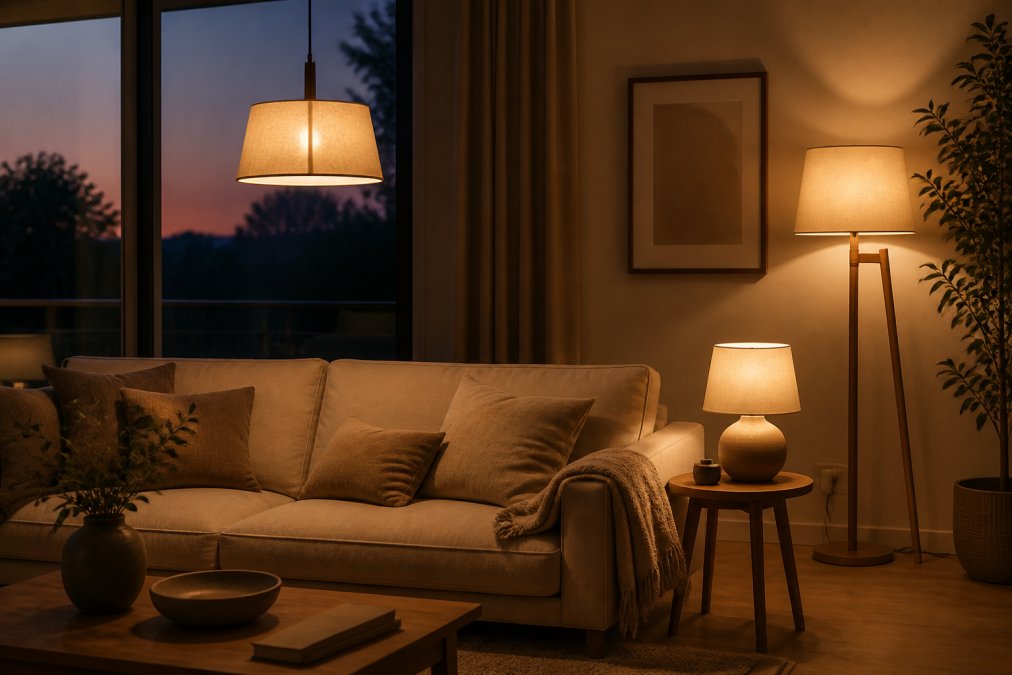 A cozy living room at dusk with a warm pendant lamp glowing above a linen sofa, a small table lamp on a wooden side table and a floor lamp casting soft shadows on the wall