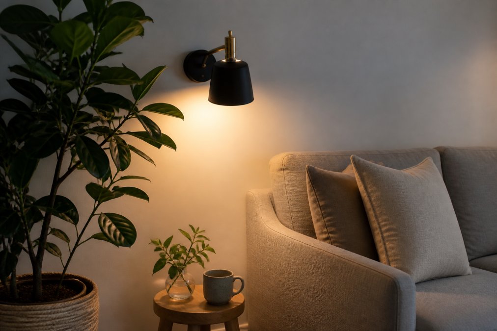 A cozy rental living room corner featuring a cordless wall lamp mounted with adhesive, warm light glowing, with a plant and linen sofa nearby