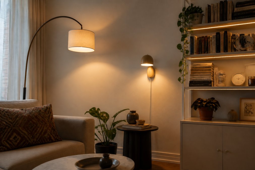 A cozy small apartment living room with a tall arc floor lamp casting warm light in one corner, a plug-in wall sconce glowing above a side table, and warm LED strip lights running along the underside of a bookshelf, all against a neutral wall with no ceiling fixture visible