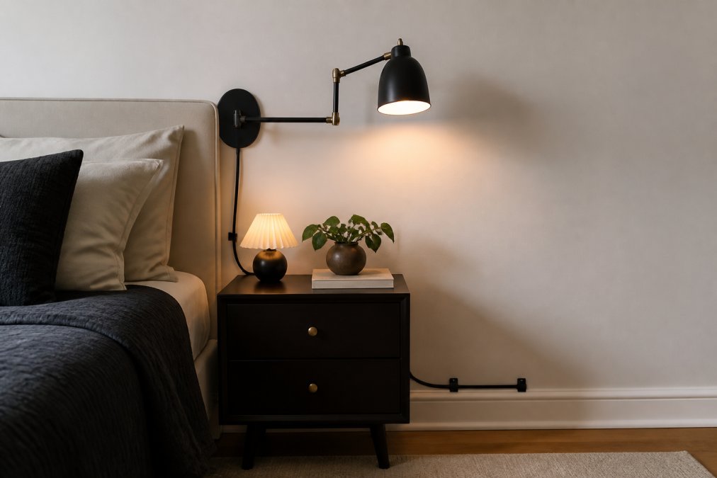 A compact apartment bedroom with a swing-arm plug-in sconce mounted beside the bed using adhesive hardware, casting warm light over a nightstand with a small decorative lamp, and cord management clips keeping the wire neatly against the white baseboard