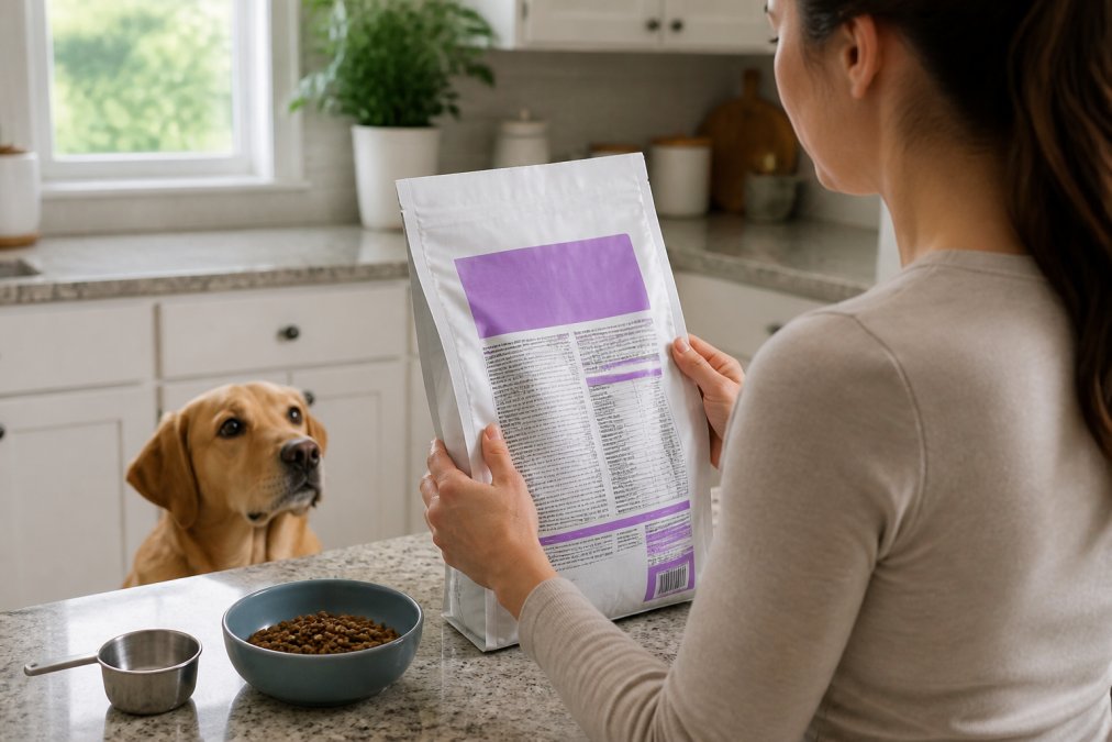 A person's hands holding a bag of limited ingredient dog food, turning it to read the ingredient list on the back label in a bright kitchen