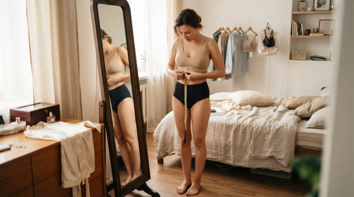 A woman standing in front of a full-length mirror in a bright bedroom, holding a soft measuring tape around her ribcage just under her bust, wearing a neutral bralette, looking down to read the measurement