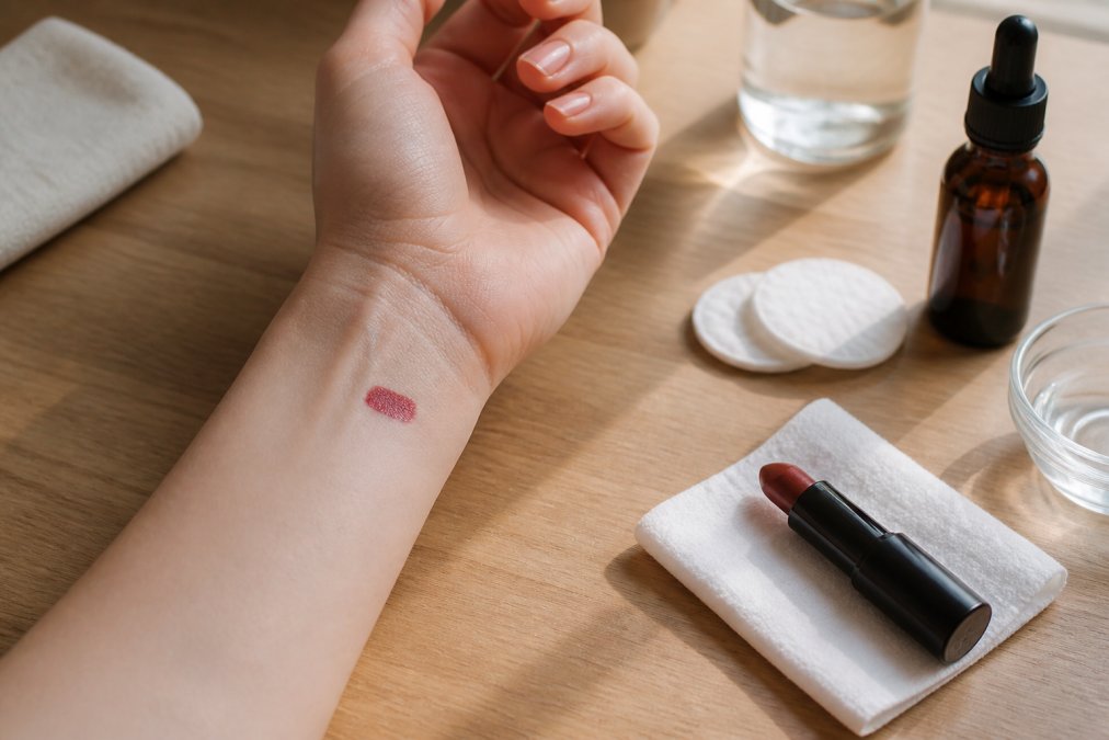A woman's inner wrist showing a small patch of lipstick applied for sensitivity testing, with clear skin visible and natural daylight illuminating the test area