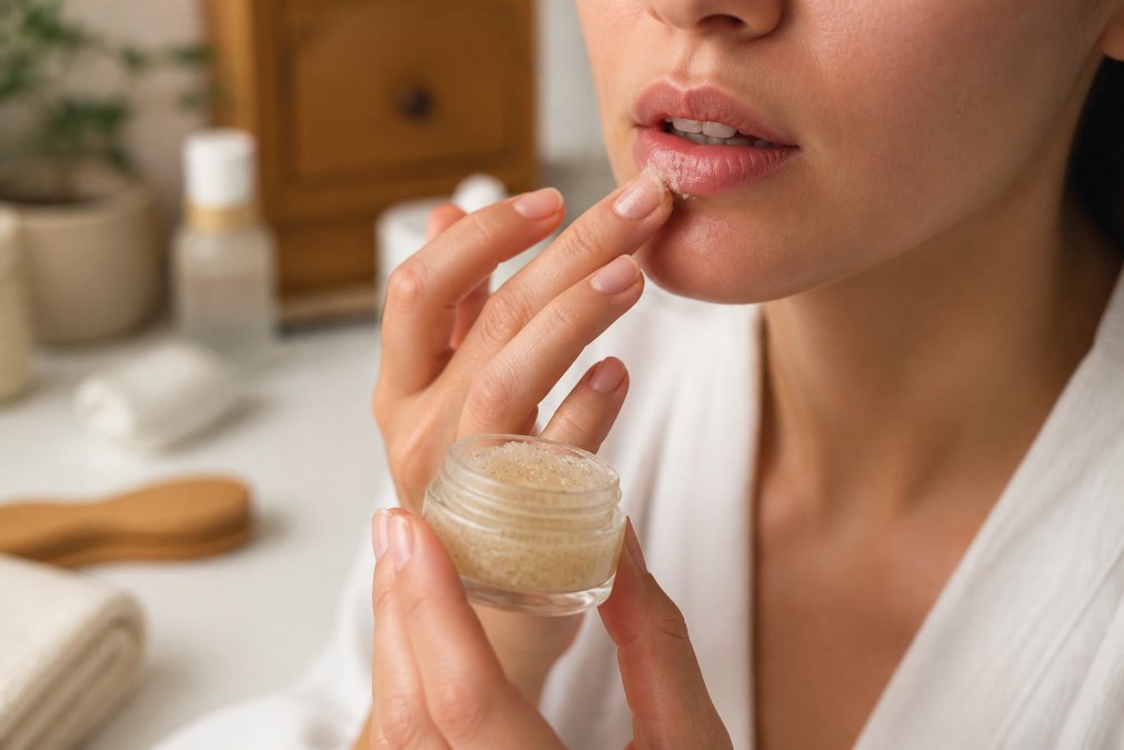 A woman's hands gently applying a moisturizing lip scrub with visible exfoliating particles, showing the texture and care routine step with soft natural lighting