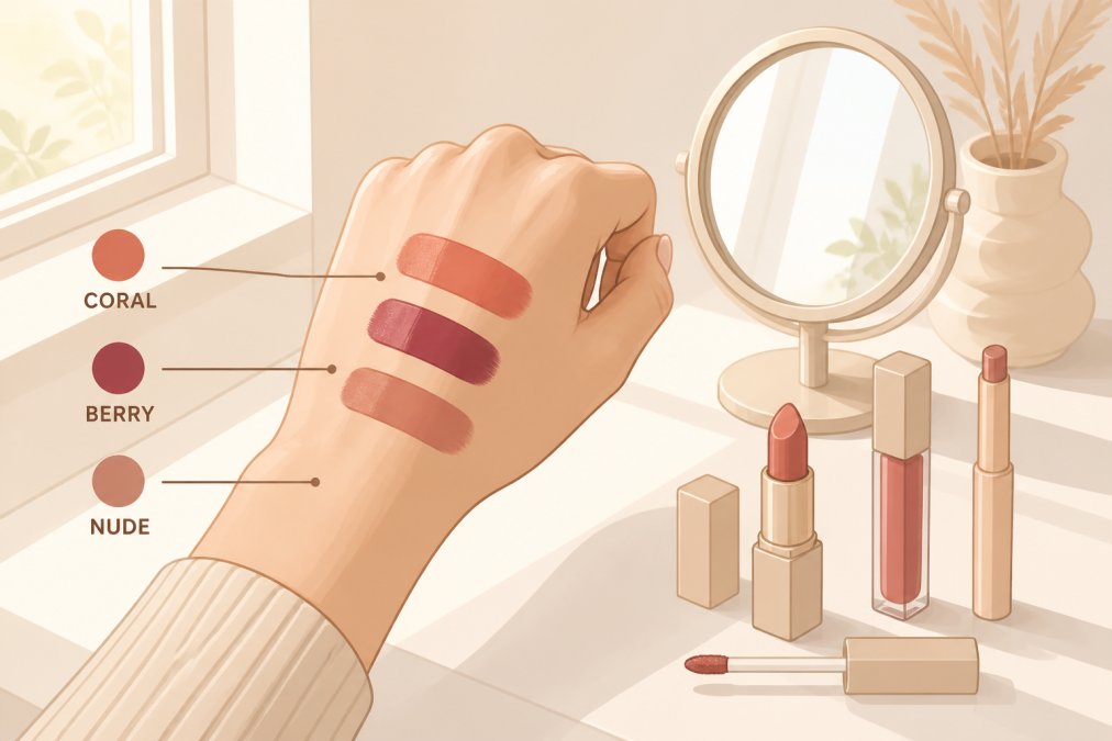 Woman swatching three different lipstick shades on the back of her hand near a sunlit window, comparing warm coral, berry, and nude tones, with a small mirror and several lip products arranged on a white vanity surface