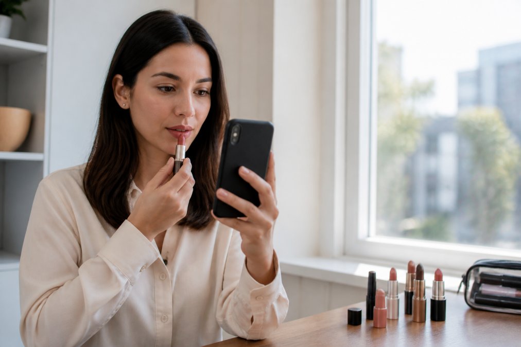 A woman in her early 30s holding a smartphone up to compare a lipstick tube against her lips, standing by a bright window with natural daylight, several lipstick options laid on a nearby table