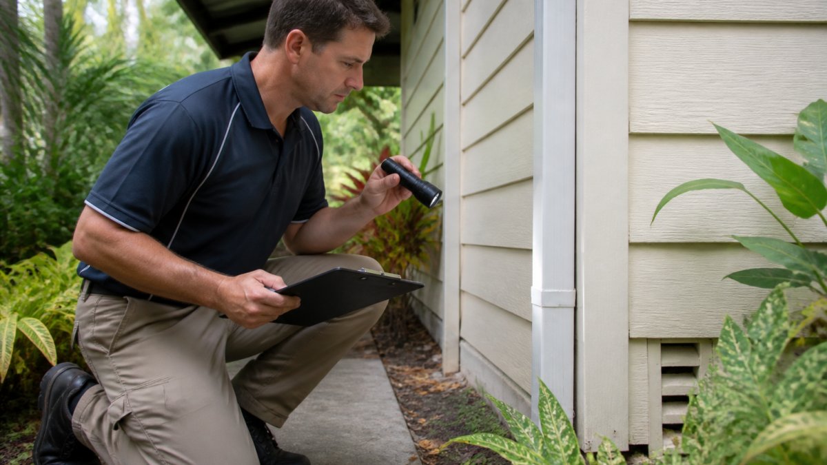 Licensed technician performing a local pest control inspection on a Queensland home exterior