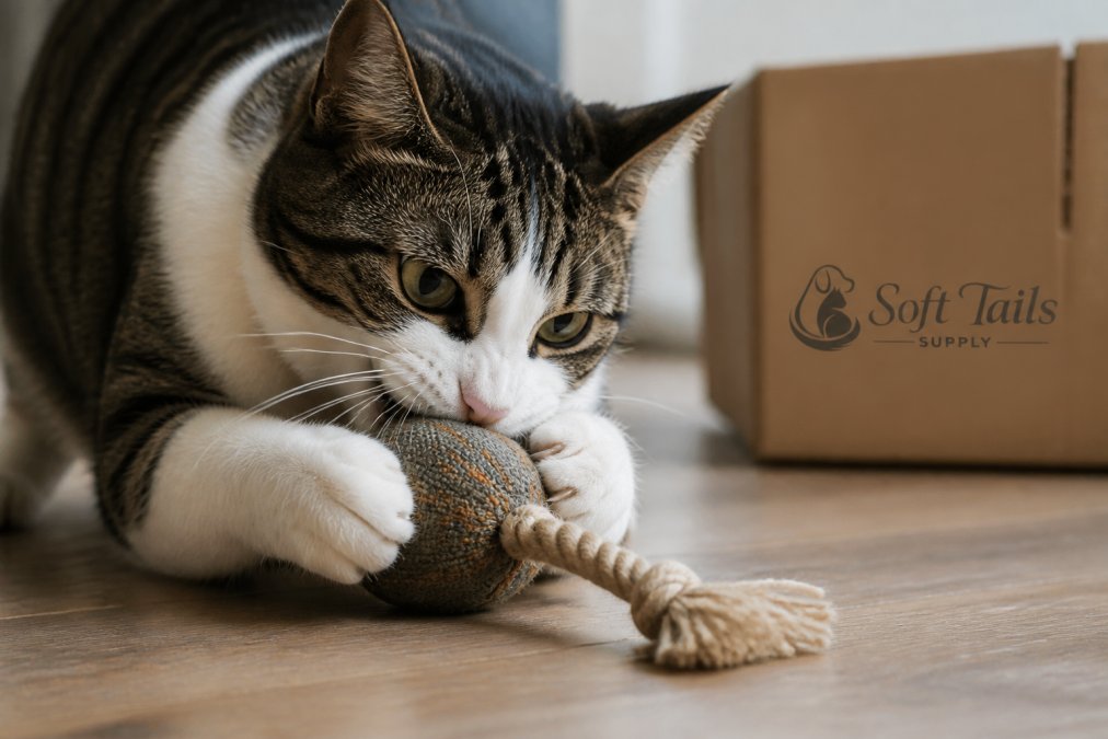 Close-up of a cat with intense focus actively playing with a durable toy, showing engaged prey drive and reinforced seams under natural lighting