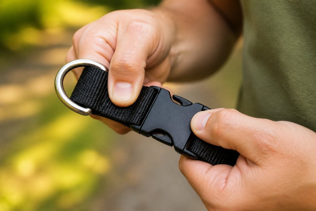 Close-up of a person's hand squeezing and testing a solid metal D-ring and side-release buckle on a thick nylon dog collar, bright natural light showing the metal finish