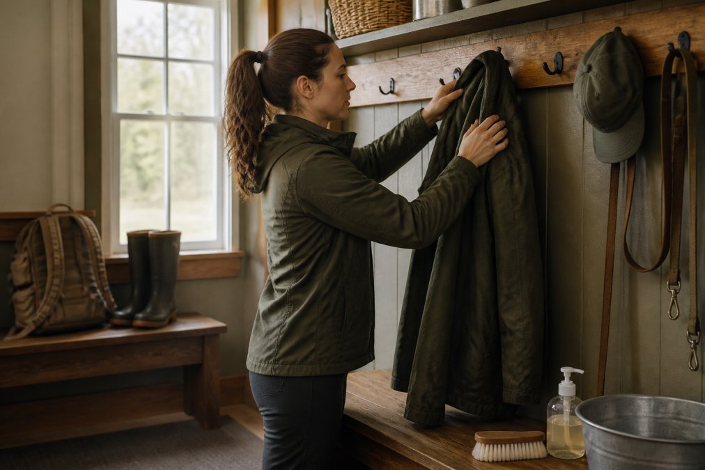 Person cleaning a rain jacket on a rack to maintain long lasting outdoor gear in a sunlit mudroom.