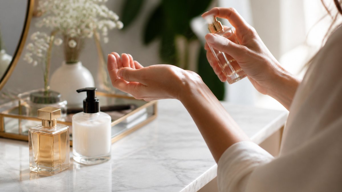 A close-up of a woman's wrist being sprayed with perfume, with a small bottle of unscented moisturizer and a second perfume bottle visible on a marble vanity, soft natural light