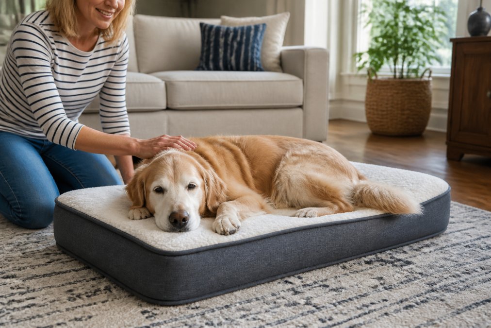 Senior golden retriever relaxing on a thick orthopedic foam bed while being petted by a person in a living room