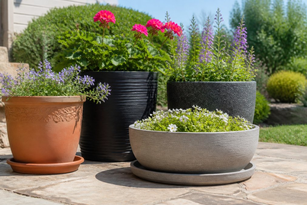 Infographic comparing material durability of long lasting planters across various outdoor climate conditions