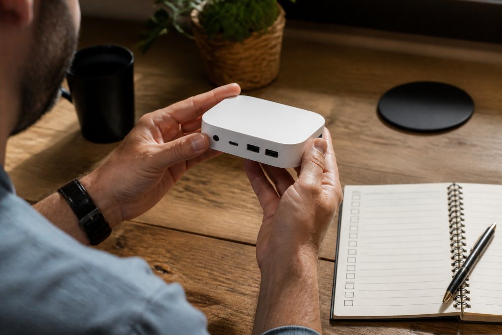 Close-up of a person's hands holding a compact smart home hub, turning it to inspect the casing seams and USB ports under warm natural light on a wooden desk, with a handwritten checklist notebook open beside them