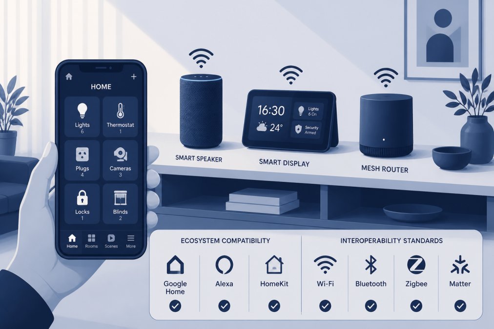 A tidy modern Dutch living room with a smart speaker, a smart display, and a mesh router on a minimalist shelf, a smartphone in the foreground showing a home automation dashboard with multiple device tiles, warm afternoon light through linen curtains