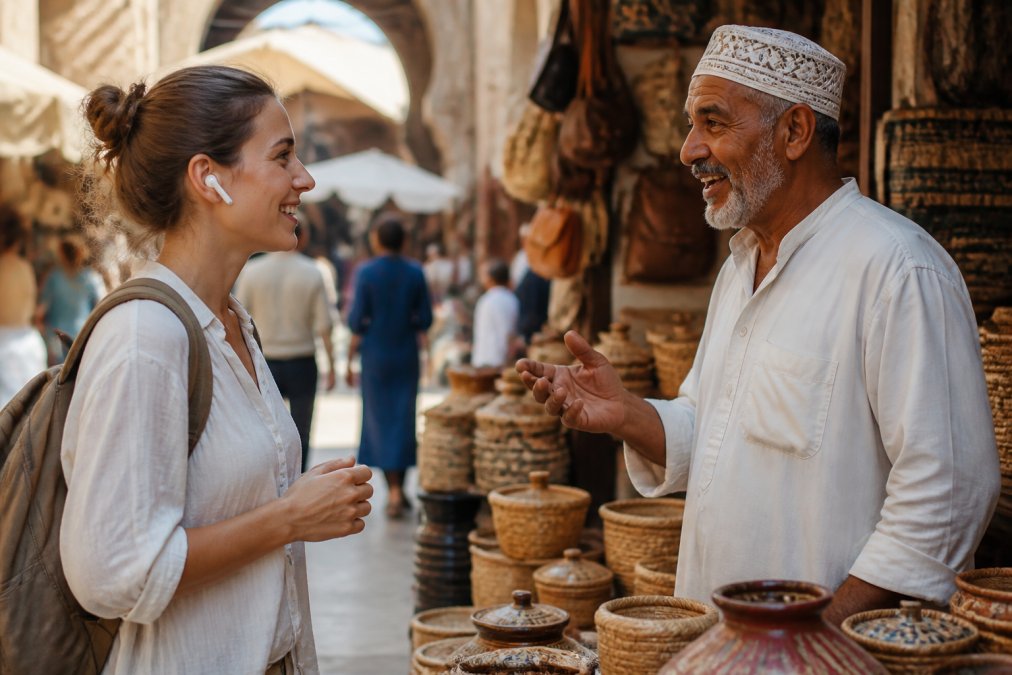 A traveler wearing sleek white earbuds while conversing with a local shopkeeper in a bustling, sunlit foreign market, both smiling and engaged