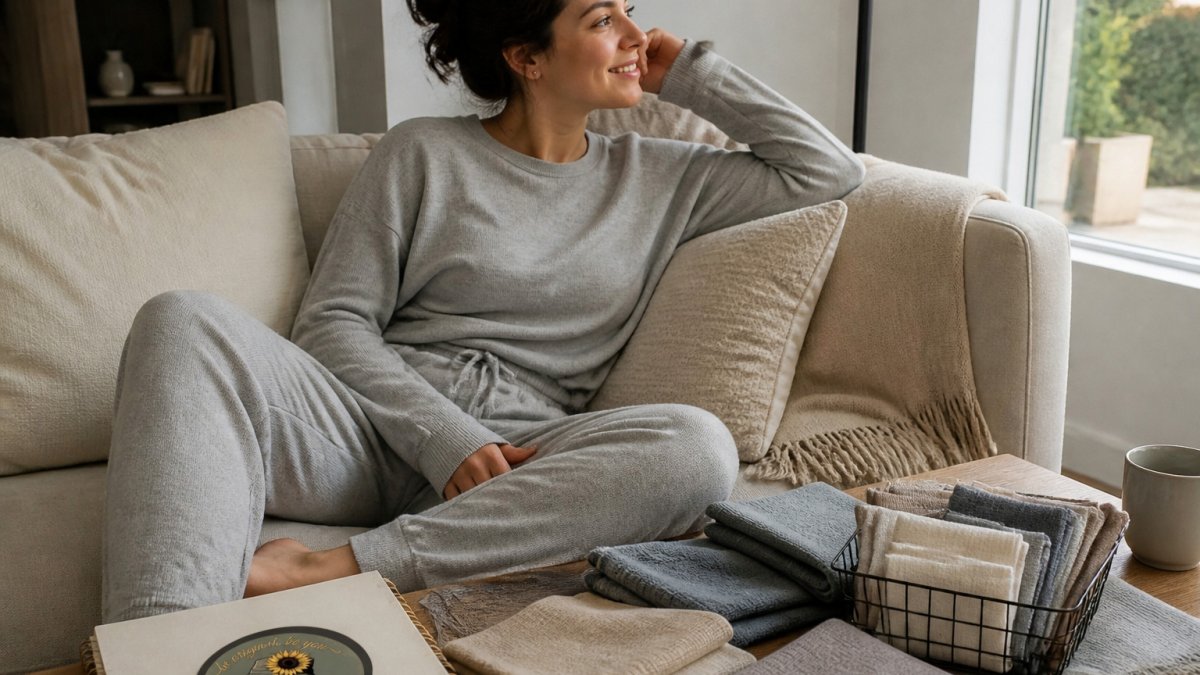Woman in her late twenties relaxing on a sofa wearing a soft gray knit lounge set in natural daylight
