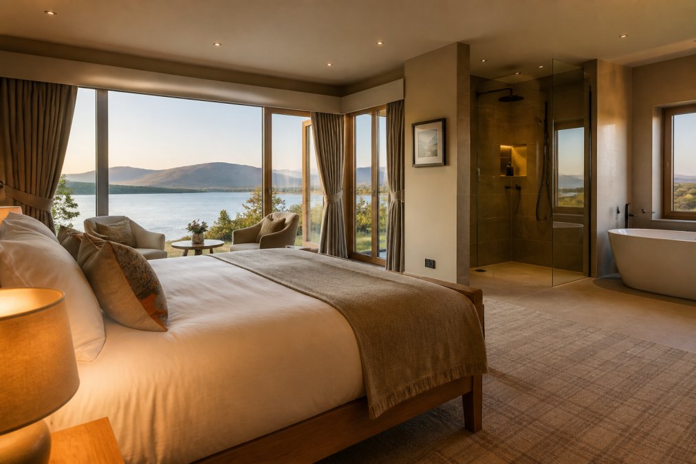 Luxuriously appointed bedroom with handmade bed, ensuite bathroom featuring rainfall shower, soft ambient lighting, and expansive views of Scottish landscape through large windows