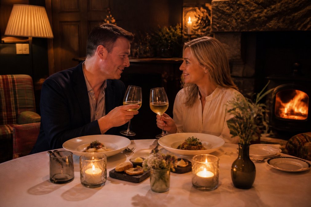 Couple enjoying gourmet dinner with locally sourced ingredients in intimate dining setting, candlelit, with Scottish heritage decor and warm hospitality atmosphere