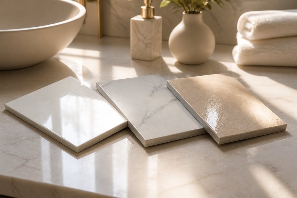 Close-up of three luxury tile samples, polished porcelain, honed natural marble, and glazed ceramic, arranged on a bathroom vanity with warm morning light highlighting their different finishes and textures