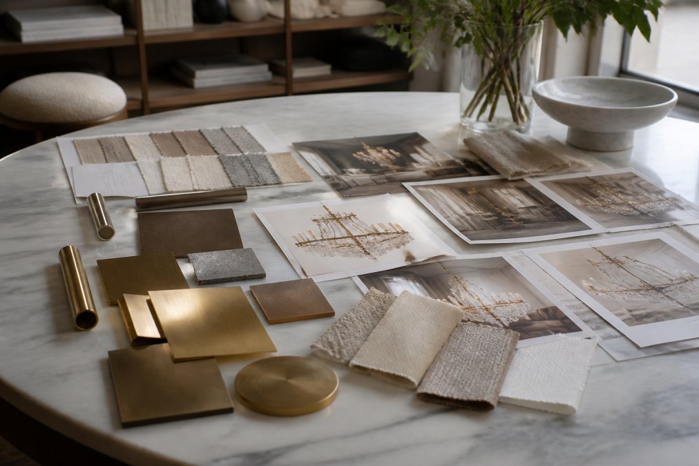 An interior designer's mood board with brass finish samples, fabric swatches, and photographs of elegant chandeliers arranged across a marble table in a bright studio