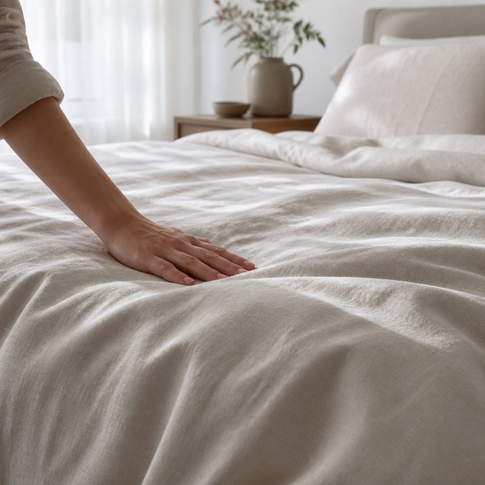 A hand gently touching the soft, natural texture of luxury linen bedding on a sunlit bed.