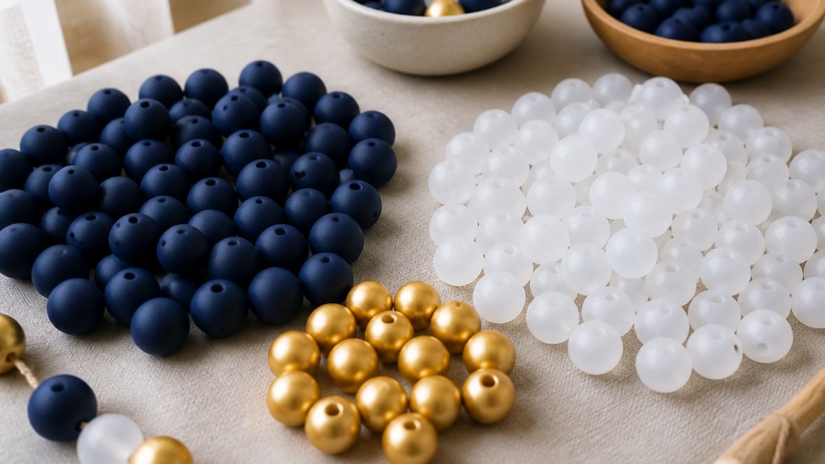 Close-up arrangement of silicone beads in various finishes showing opaque navy, translucent white, and metallic gold beads demonstrating the 60-30-10 color ratio on a neutral surface with natural lighting