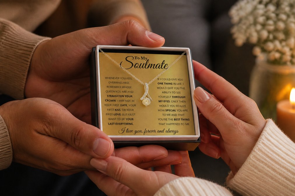 Close-up of hands exchanging a beautifully wrapped gift box with elegant ribbon between a couple in soft, warm lighting