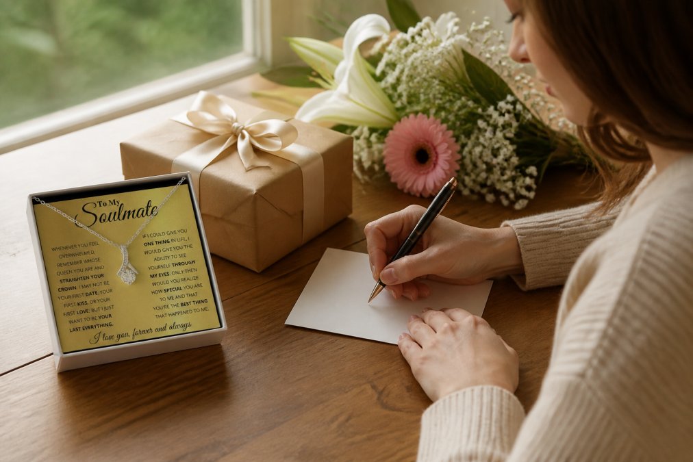 Person writing a heartfelt handwritten note at a desk with a wrapped anniversary gift box and fresh flowers nearby in natural daylight