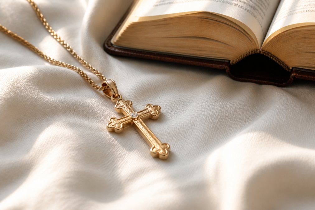 Close-up of an elegant gold cross pendant necklace resting on a white fabric surface beside a small open Bible, soft natural light highlighting the jewelry detail