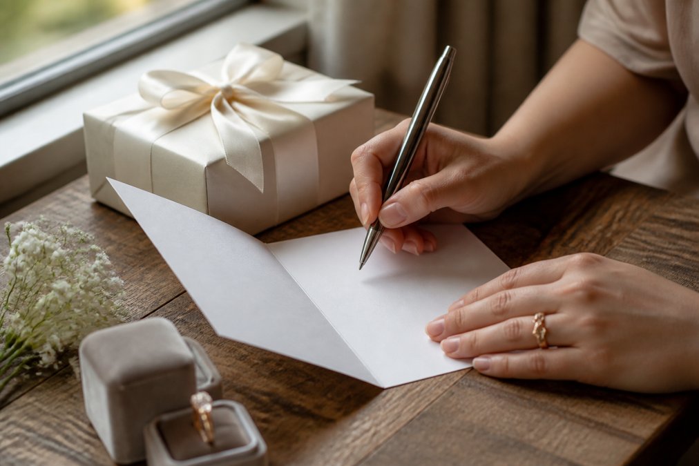 A person's hands writing a heartfelt message in a white greeting card on a wooden table, with a wrapped gift box and small flowers nearby, warm natural light from a nearby window