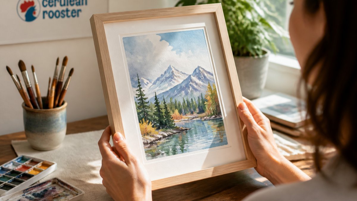 Hands carefully holding a framed original watercolor art piece, warm natural light highlighting the delicate brushwork and vibrant colors, showing the tactile quality of handmade artwork