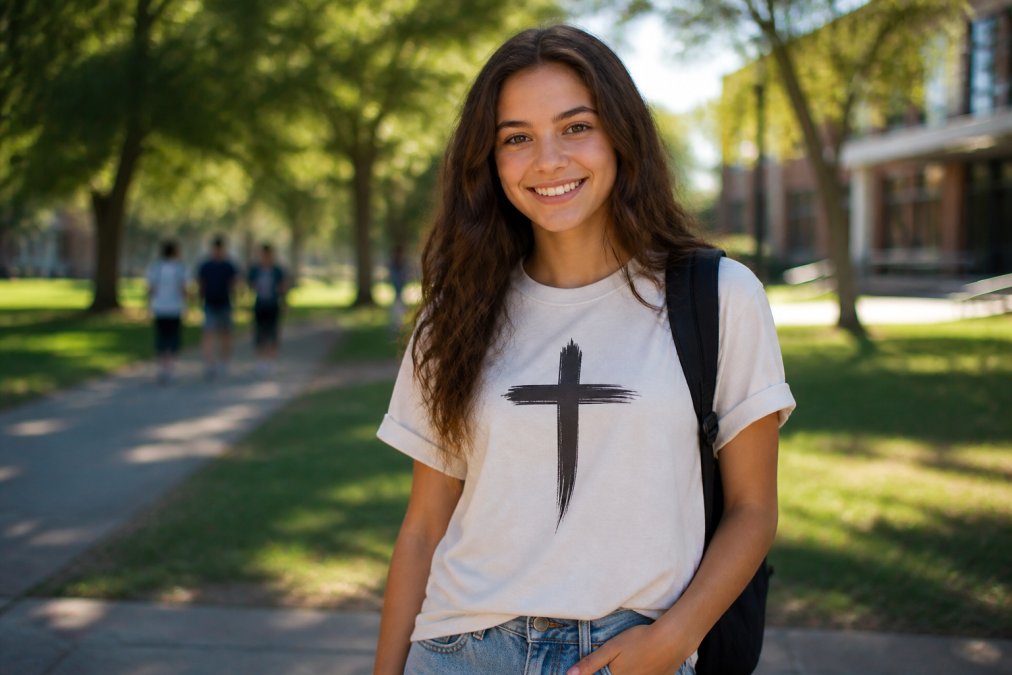 A teenager wearing a faith-inspired t-shirt, smiling naturally in a casual outdoor setting like a park or school campus, with the shirt design visible and modern in style
