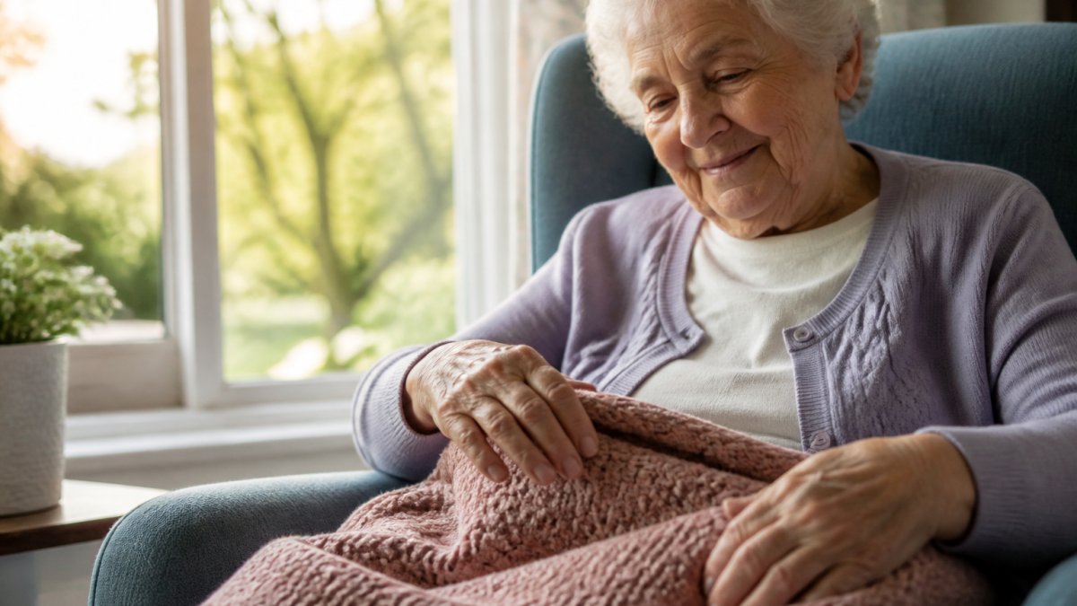 An older adult with gentle hands touching a soft, textured blanket while sitting in natural daylight near a window, with a calm expression