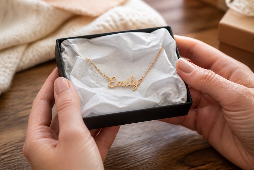 Personalized name necklace in a gift box as a step toward choosing meaningful gifts for loved ones.