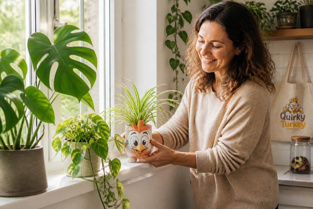 A smiling woman decorating a sunny kitchen windowsill with plants as meaningful Mother's Day gifts.