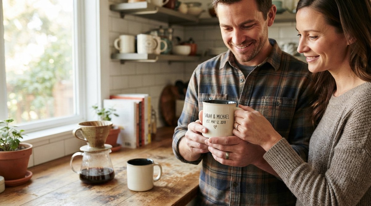 Close-up of hands holding a personalized mug with couple names and anniversary date, displayed on a kitchen counter with morning coffee and soft natural light streaming from a window