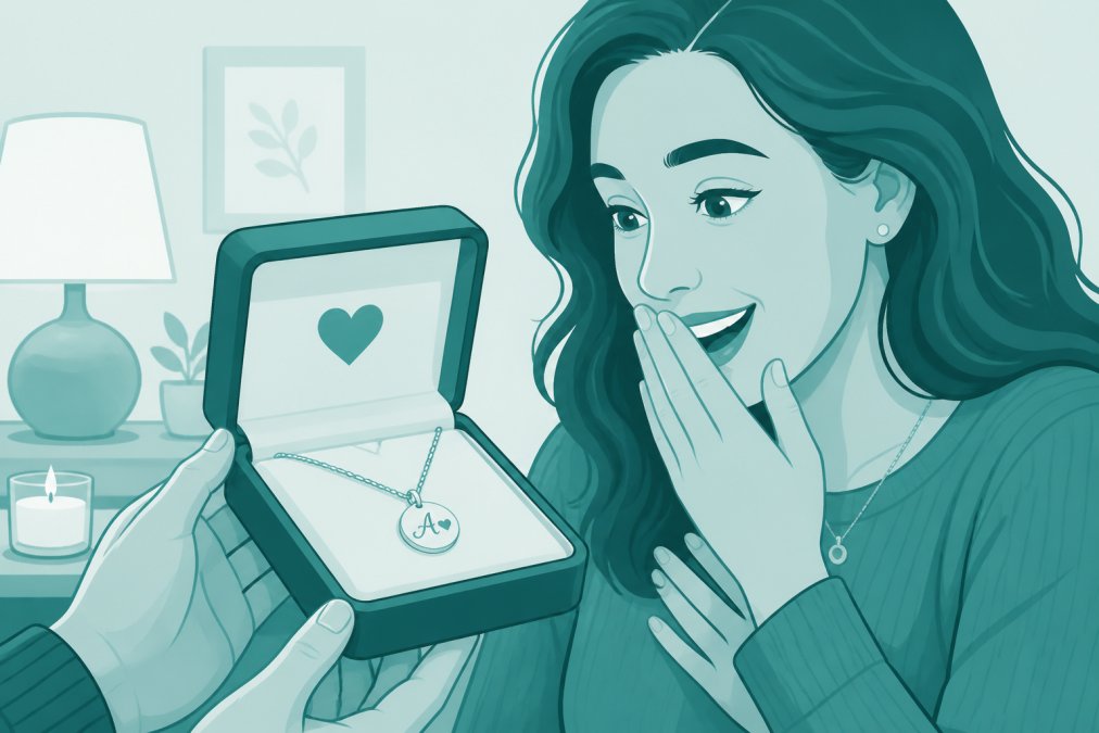 Close-up of hands holding an open personalized jewelry box with an engraved necklace, showing genuine emotional reaction as the recipient discovers the gift in warm indoor lighting