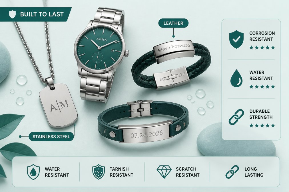Flat-lay arrangement of personalized jewelry pieces in stainless steel and leather, watch, bracelet, necklace, displayed on a neutral surface with natural lighting showing durability and water-resistant finishes