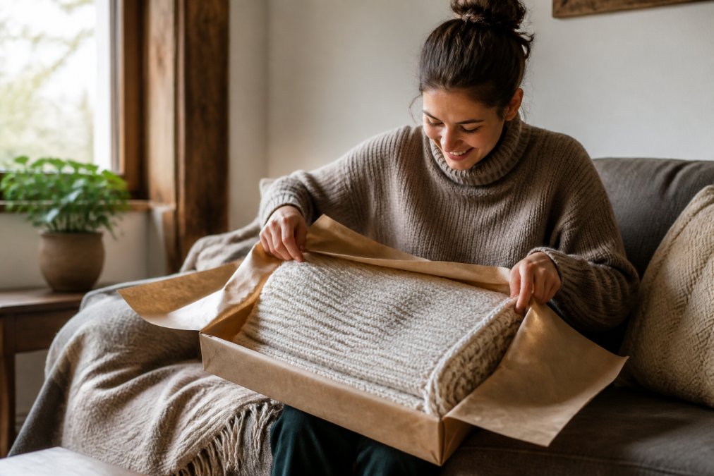 A person's hands carefully unwrapping a woven blanket in a warm, cozy living room setting, soft natural light from a nearby window