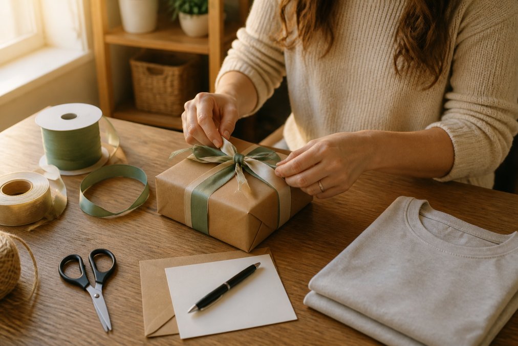 Step-by-step infographic showing how to wrap a custom gift with a handwritten card and ribbon
