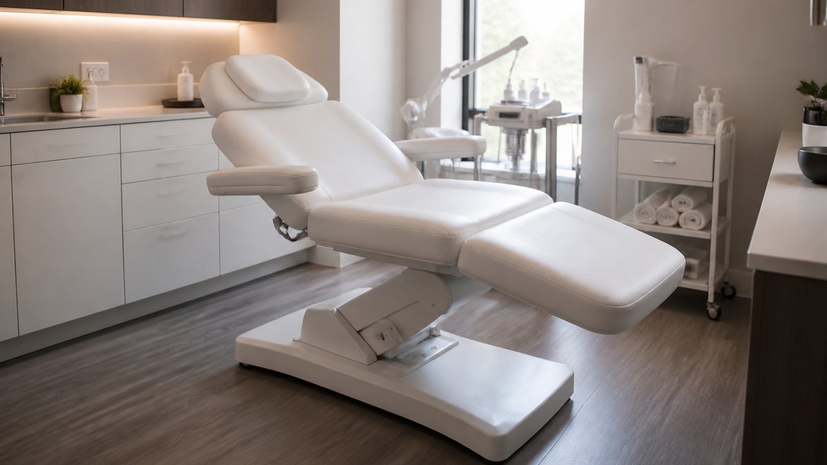 Professional medical spa treatment room with a fully electric treatment table positioned under soft professional lighting, showing adjustable features and clean clinical environment