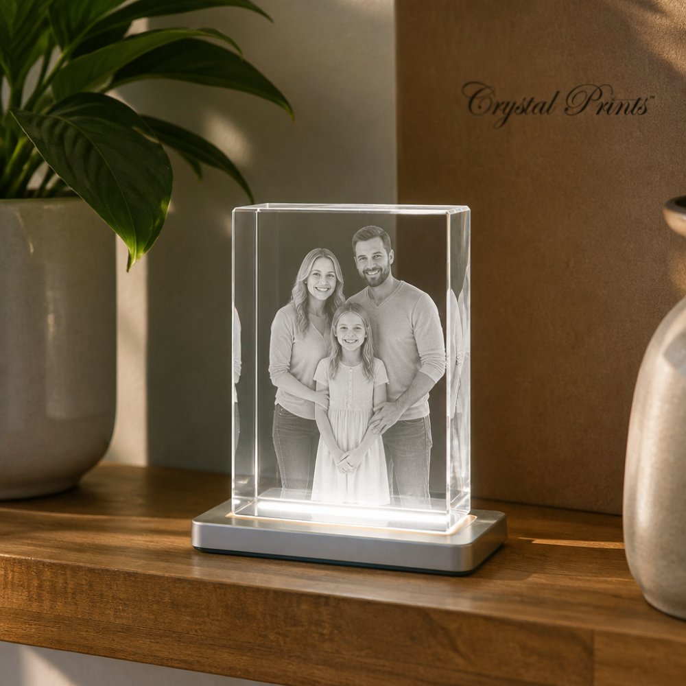 Close-up of a personalized 3D laser-engraved crystal keepsake displaying a family photograph within the crystal, positioned on a wooden shelf with soft natural light illuminating the engraved image and an LED base glowing beneath
