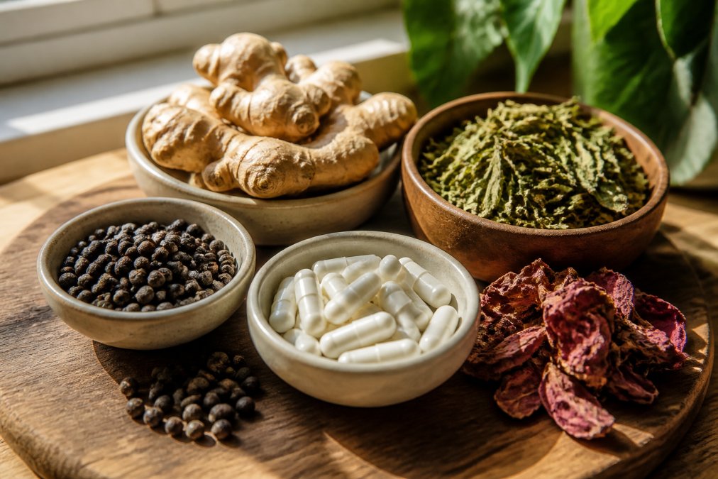 Close-up of various dried herbs including chasteberry, ginger root, red raspberry leaf, and magnesium supplements arranged on a wooden surface with natural morning light creating soft shadows