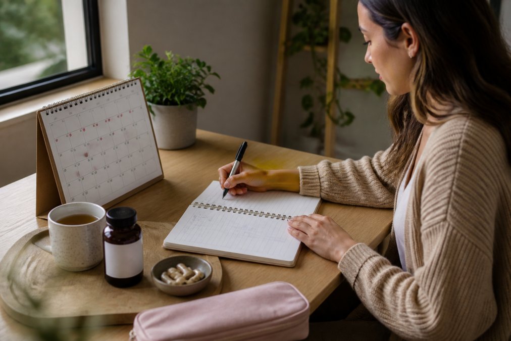 Woman sitting at a desk with a calendar and symptom tracker notebook, writing notes about her menstrual cycle and how she feels, with a cup of tea and supplements visible on the desk in natural afternoon light